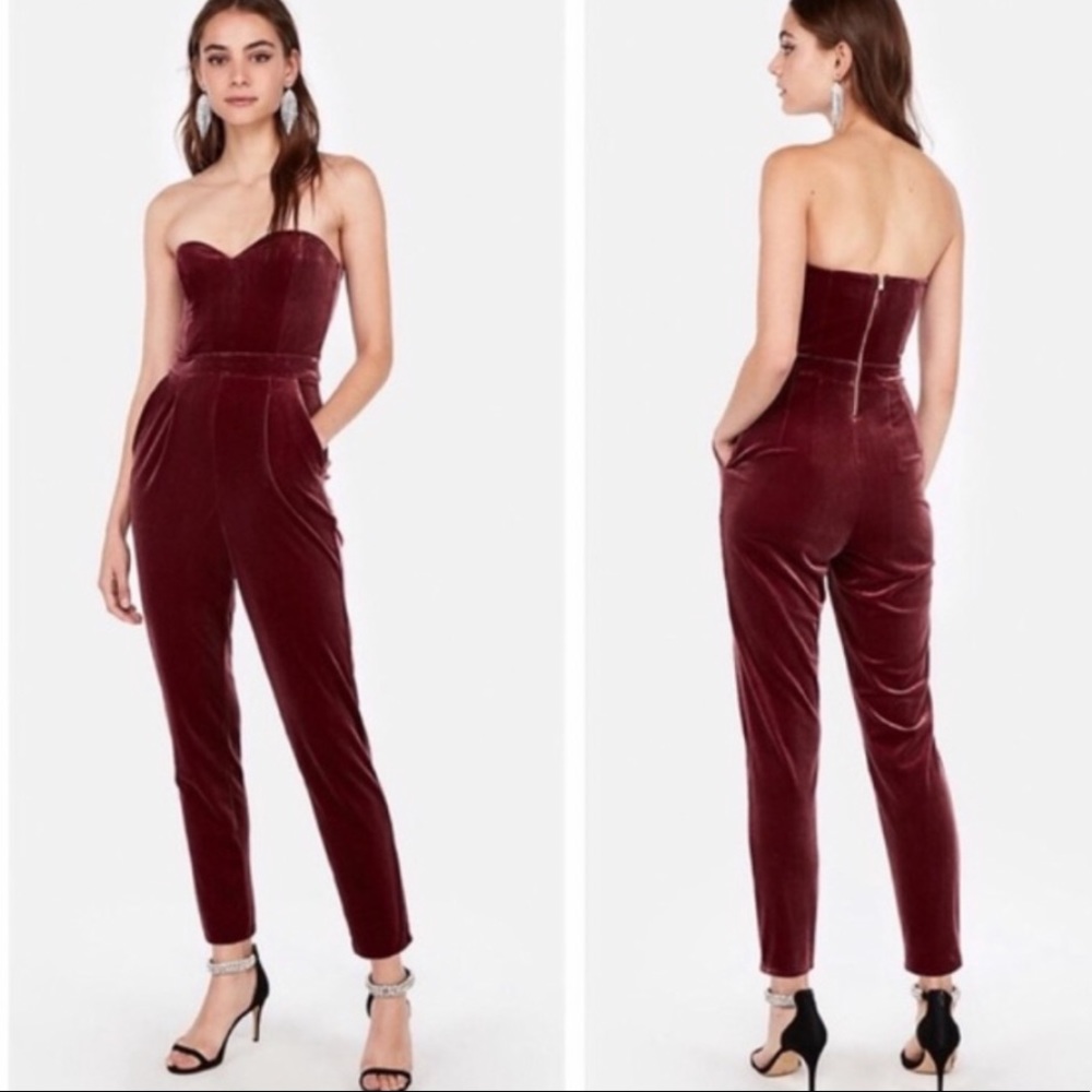 Express Velvet Maroon Sweetheart Neckline Jumpsuit
